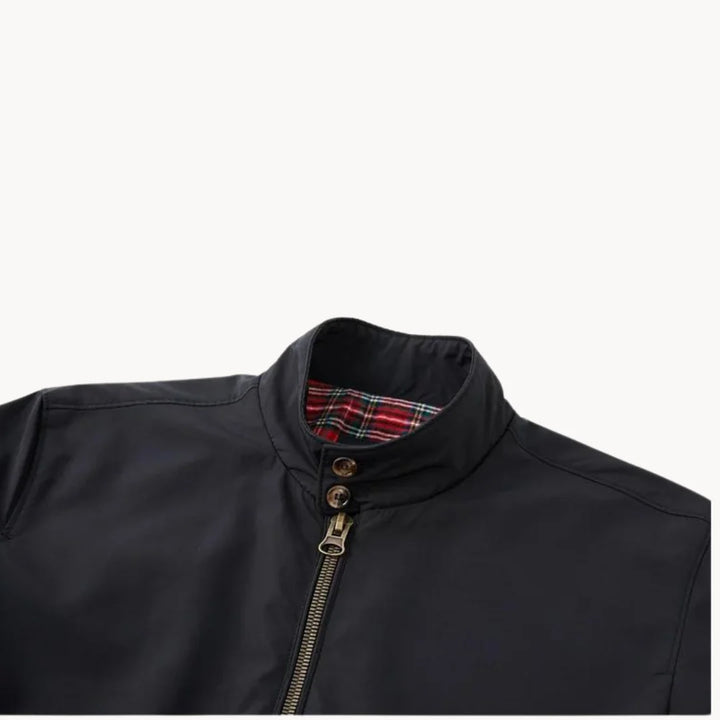 Detail shot of men's Harrington jacket stand collar with double-button fastening and zip