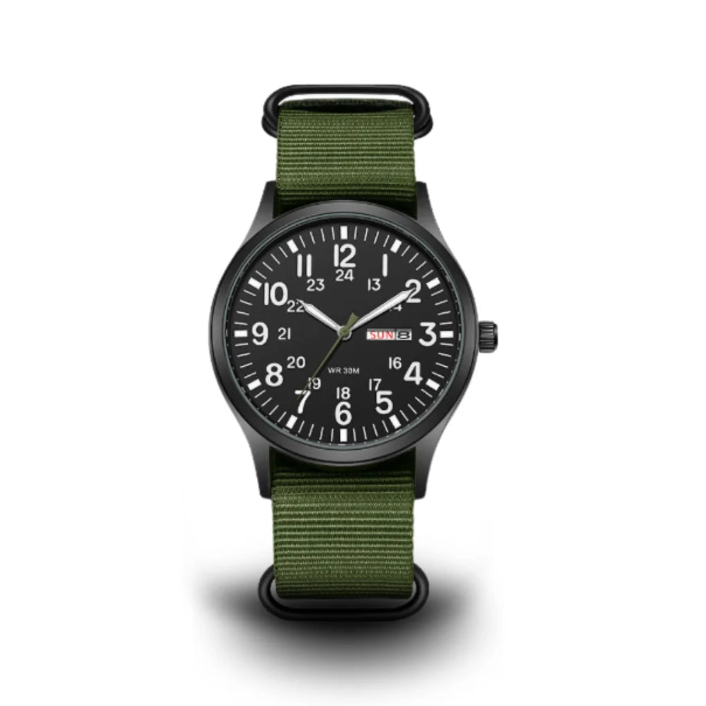 Men's military field watch with black dial, 24-hour markers, luminous hands, and olive green NATO strap