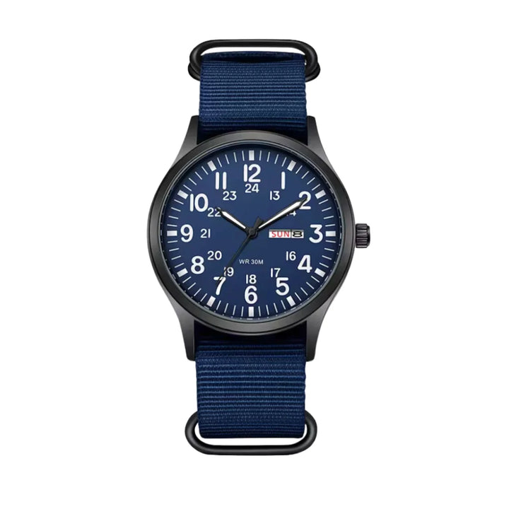 Men's outdoor military watch with adjustable NATO strap and matte black case finish