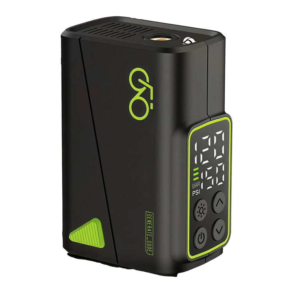 Electric bike pump with digital display showing pressure readings and neon green accents on black housing