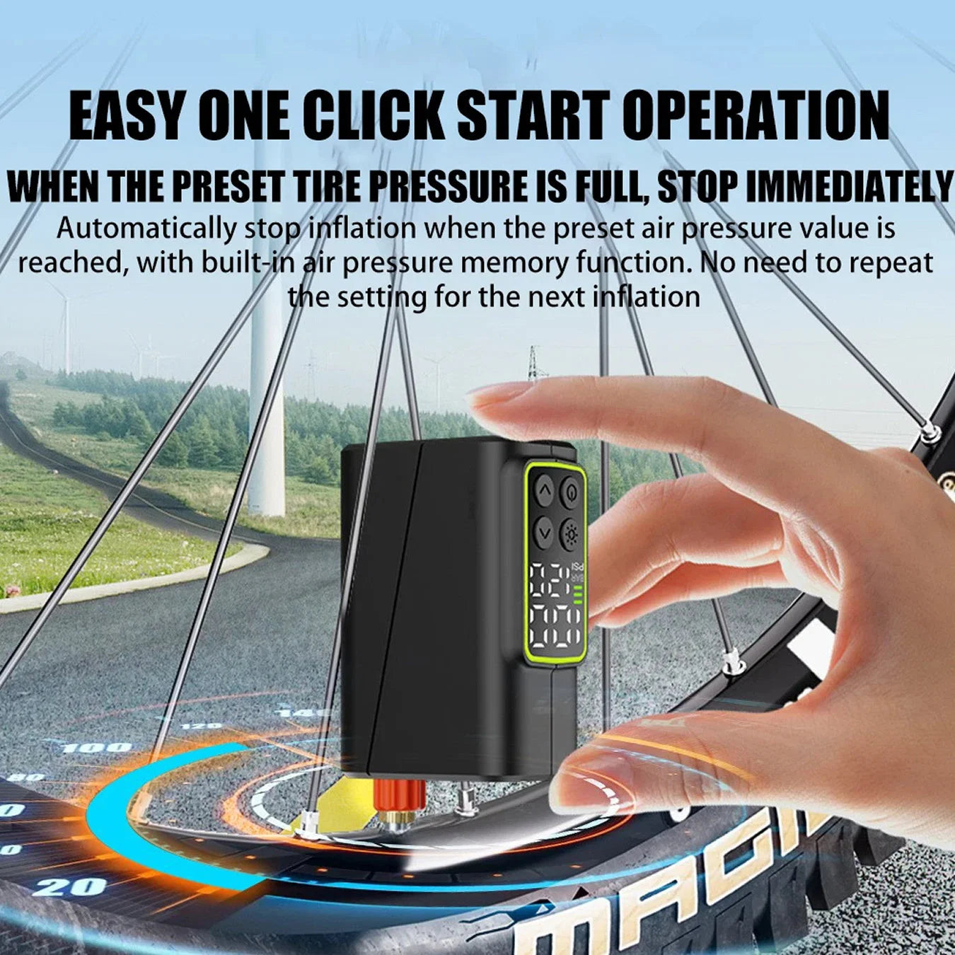 Portable bike inflator with LED lighting and digital display for accurate tyre pressure readings
