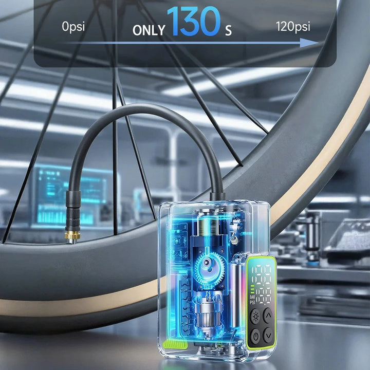 Electric bike pump compact design weighing 145 grams fits jersey pocket or saddle bag