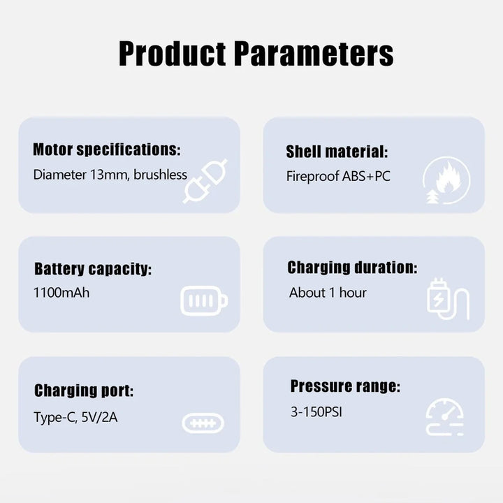Electric tyre inflator for cycling with real-time pressure monitoring and LED safety light
