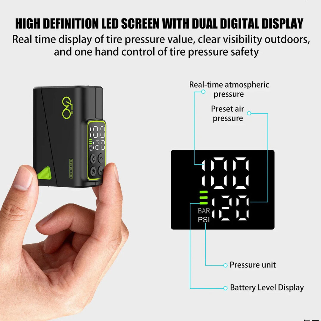 Rechargeable bike pump with integrated LED flashlight and universal valve adapter for all bikes