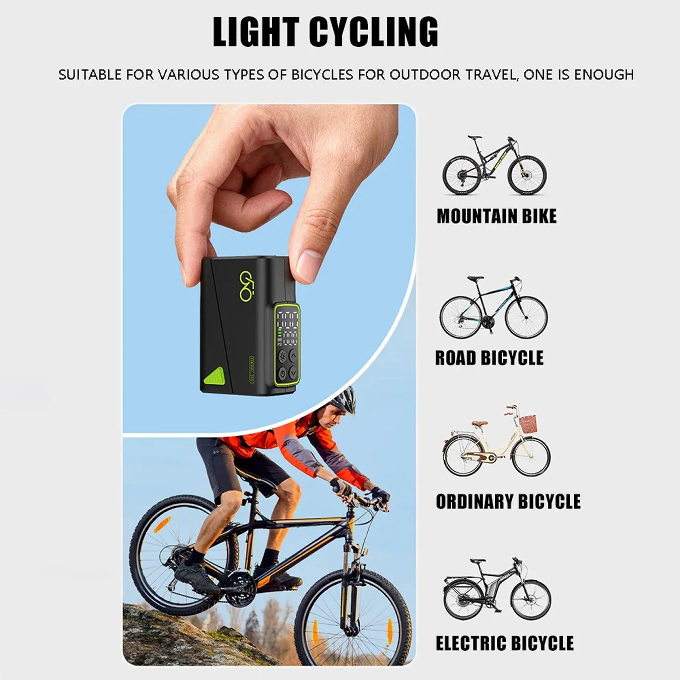 Compact bike tyre inflator featuring real-time digital display and one-click operation controls