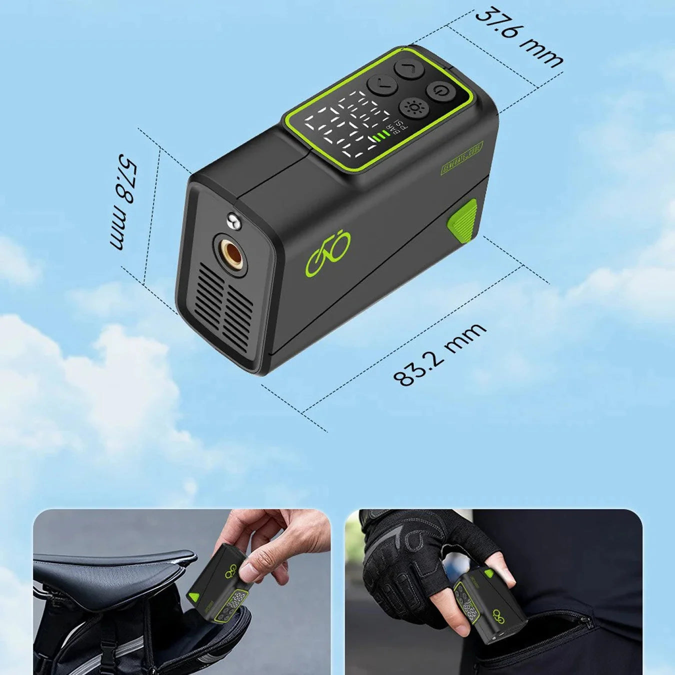 Portable bike pump with digital PSI display and fast-charging battery for multiple inflations