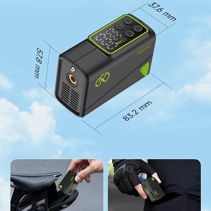 Portable bike pump with digital PSI display and fast-charging battery for multiple inflations