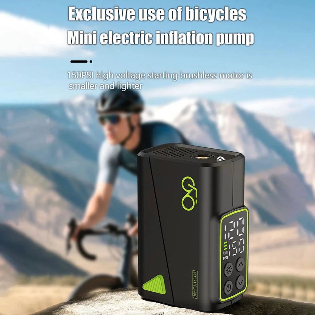 Rechargeable bike tyre inflator with digital PSI display and universal valve compatibility for cycling