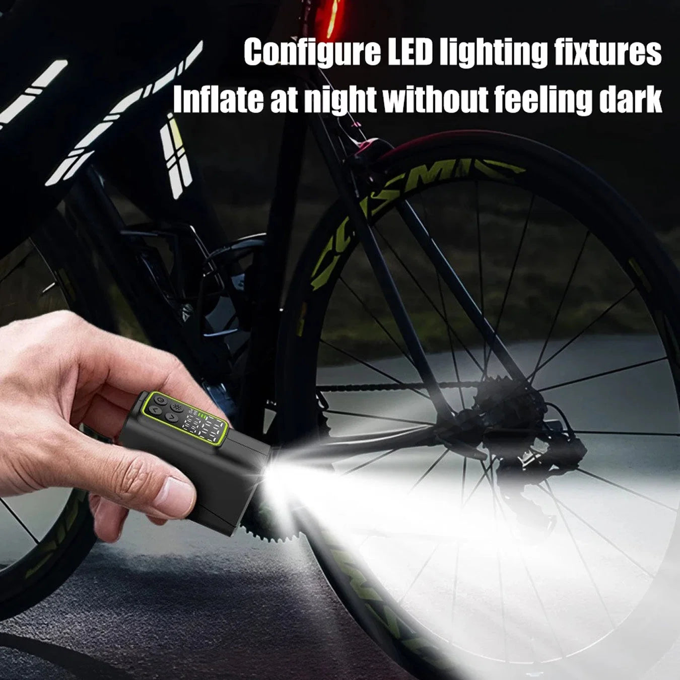 Digital bike pump with LED flashlight and rechargeable battery for roadside tyre repairs