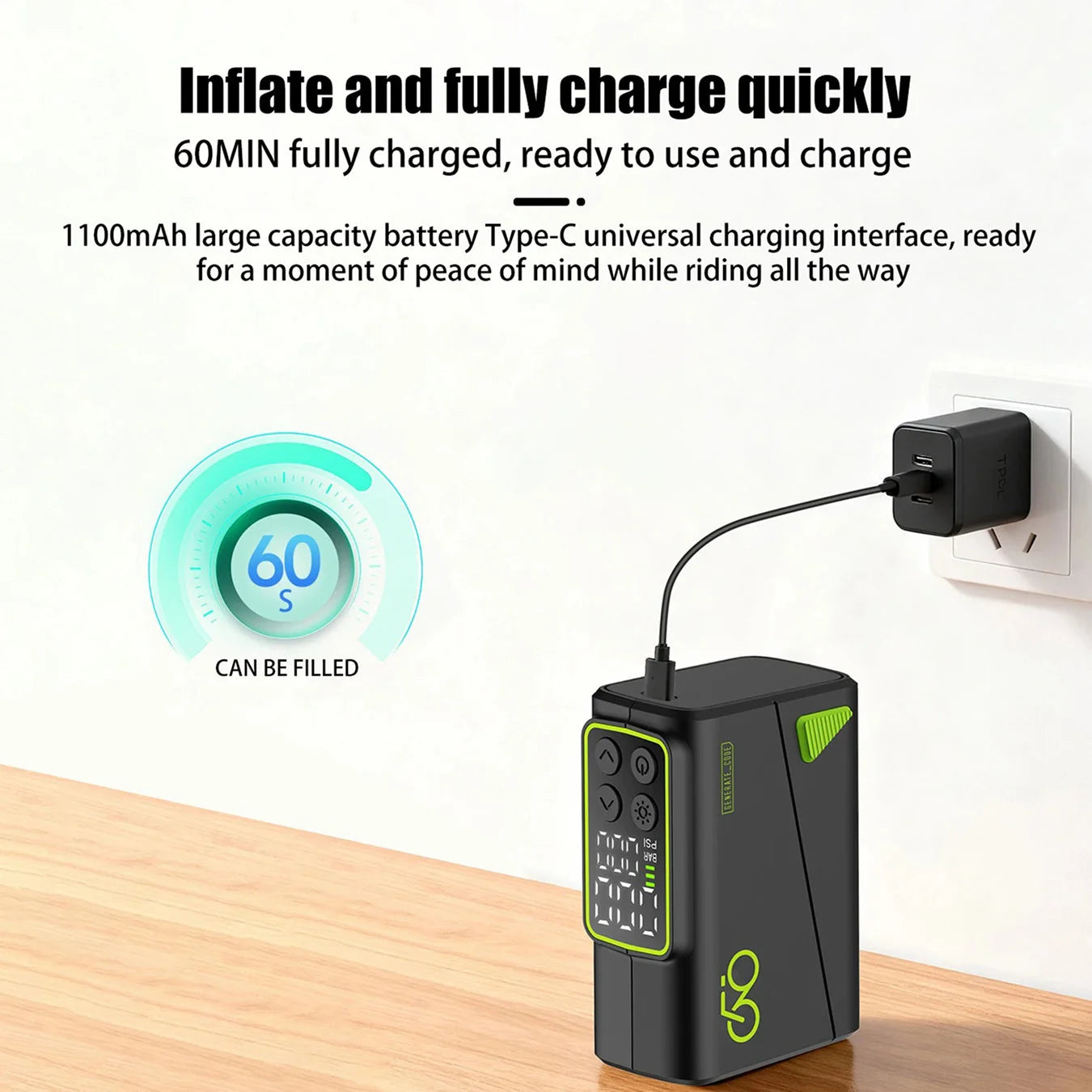Electric bike pump side angle showing digital pressure monitor and fast-charging battery compartment