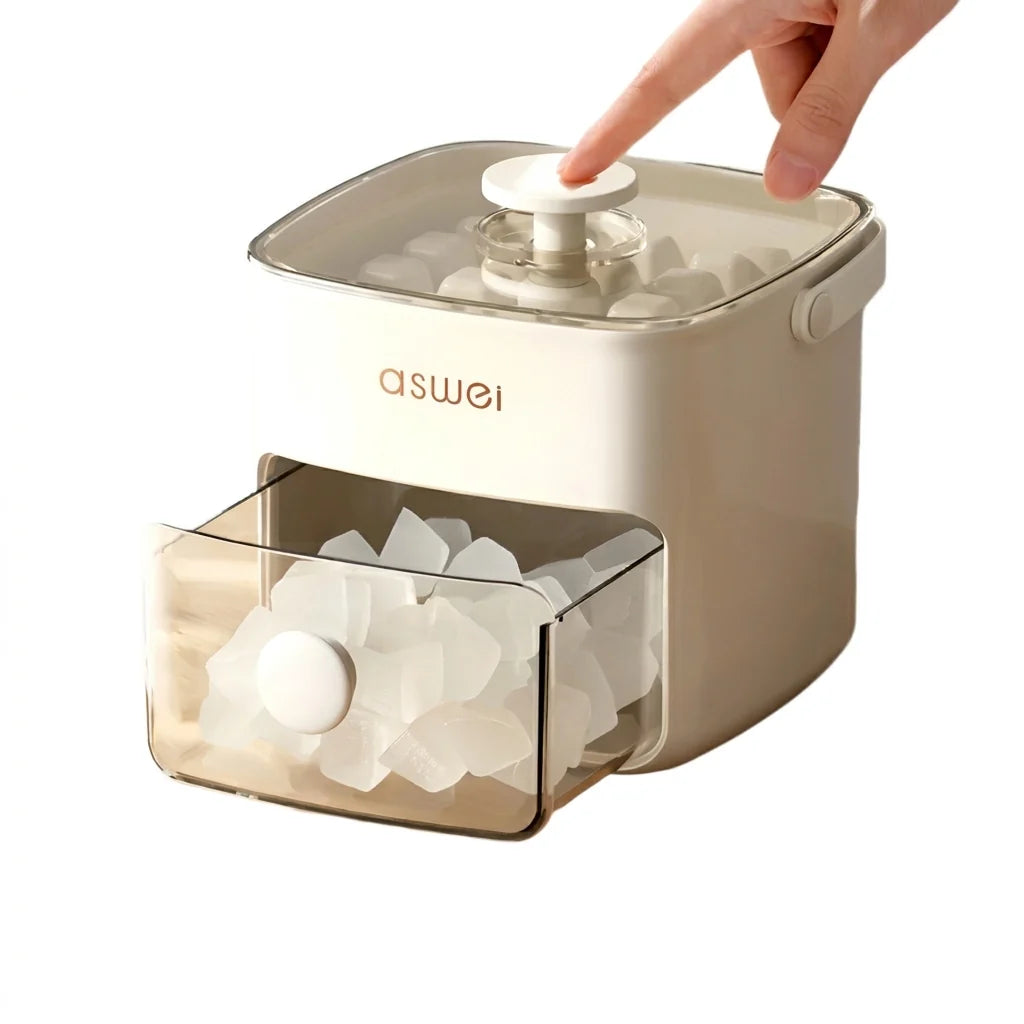 Beige ice cube tray with storage container featuring press-button lid and transparent front drawer