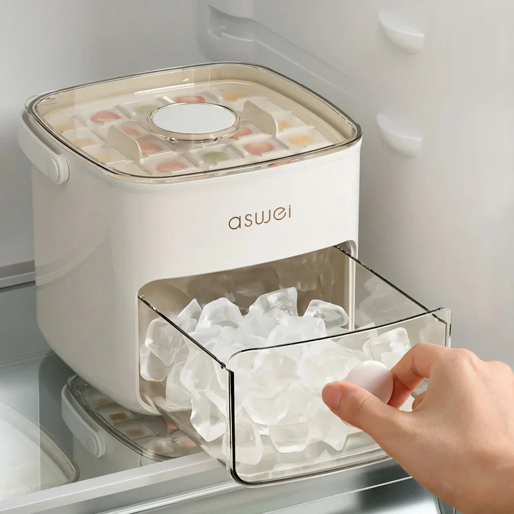 Ice cube storage container showing dual compartment design with top ice-making section