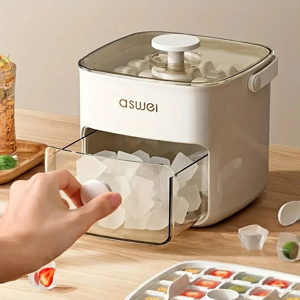 Compact ice cube tray and storage unit with pull-out drawer for organised freezer storage