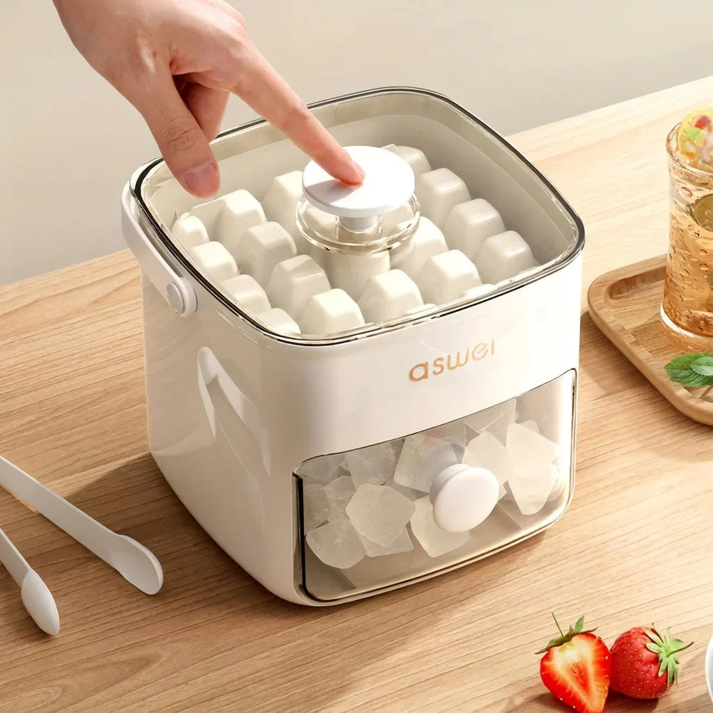 Ice cube maker with integrated storage compartment in neutral beige finish for home use