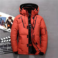 Men's hooded puffer jacket in coral-red with quilted panels and multiple zip pockets