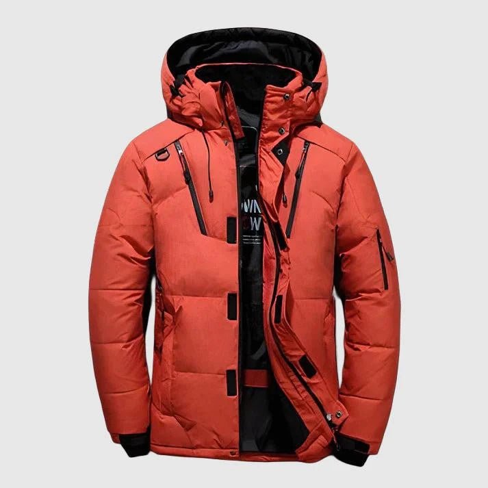Close-up view of men's insulated puffer jacket showing zip closure and adjustable hood