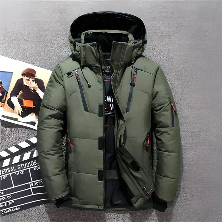 Back view of men's quilted puffer jacket with structured shoulders and thermal lining