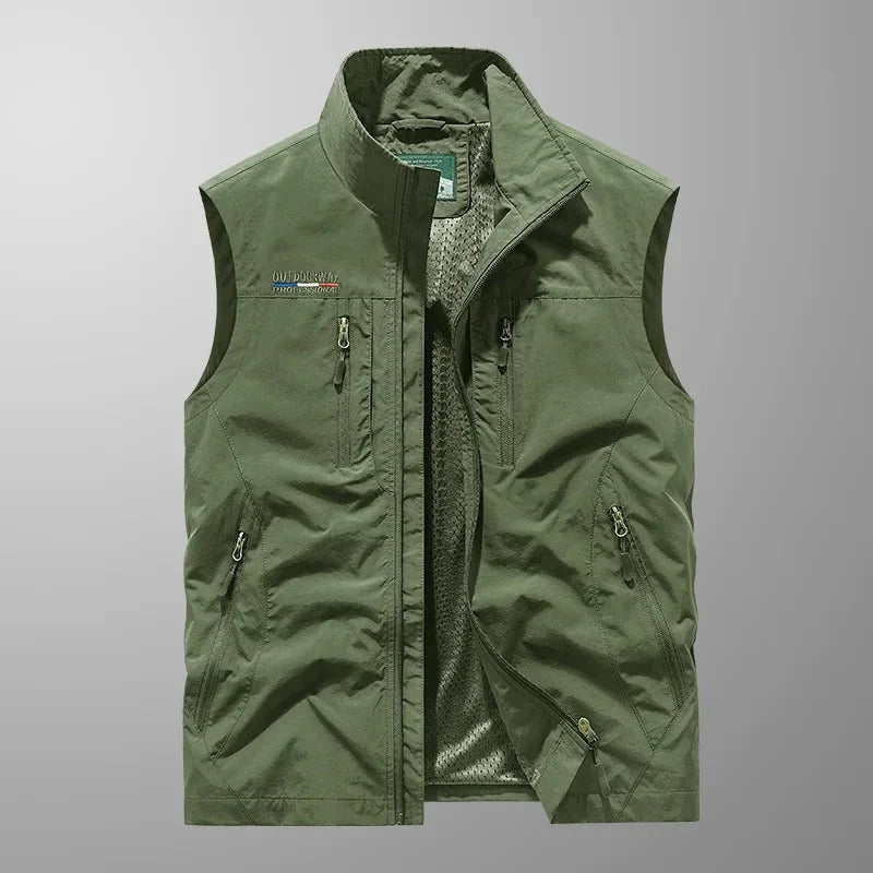 Side view of men's gilet showing waist zip pockets and lightweight woven fabric construction