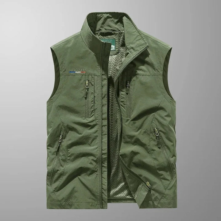 Side view of men's gilet showing waist zip pockets and lightweight woven fabric construction