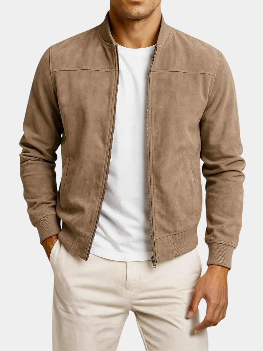 Men's suede bomber jacket in taupe with ribbed cuffs and full-zip front closure