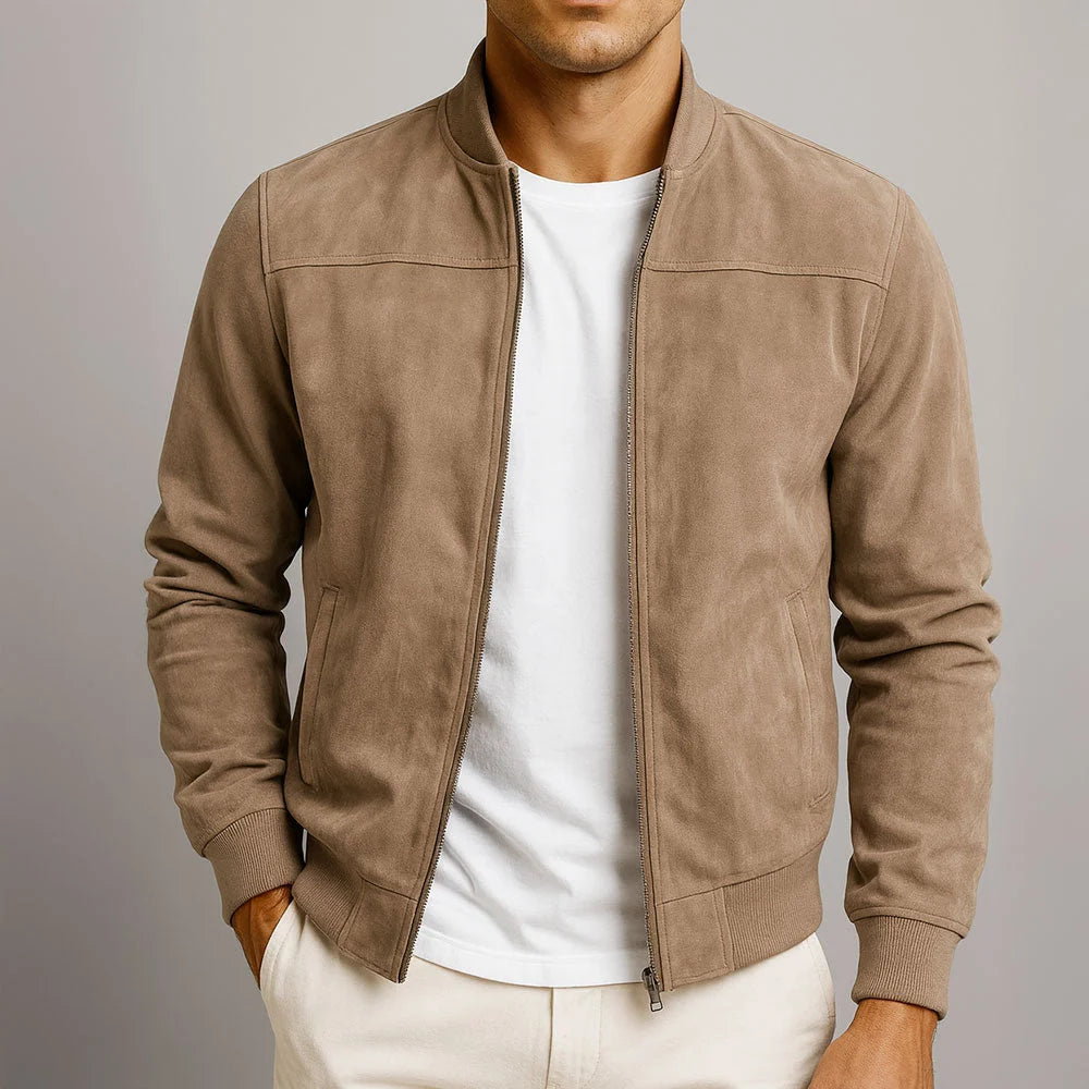 Close-up view of men's suede bomber jacket showing textured finish and stand collar