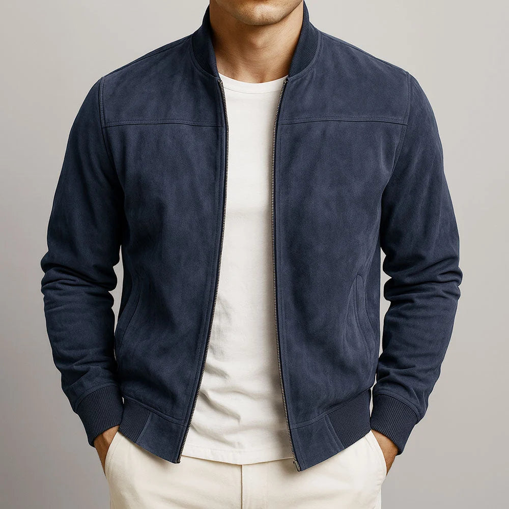 Detail of men's suede bomber jacket zip closure and side pocket construction