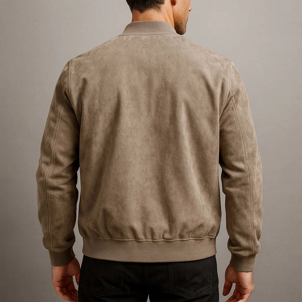 Men's suede bomber jacket in taupe demonstrating layering over casual shirt