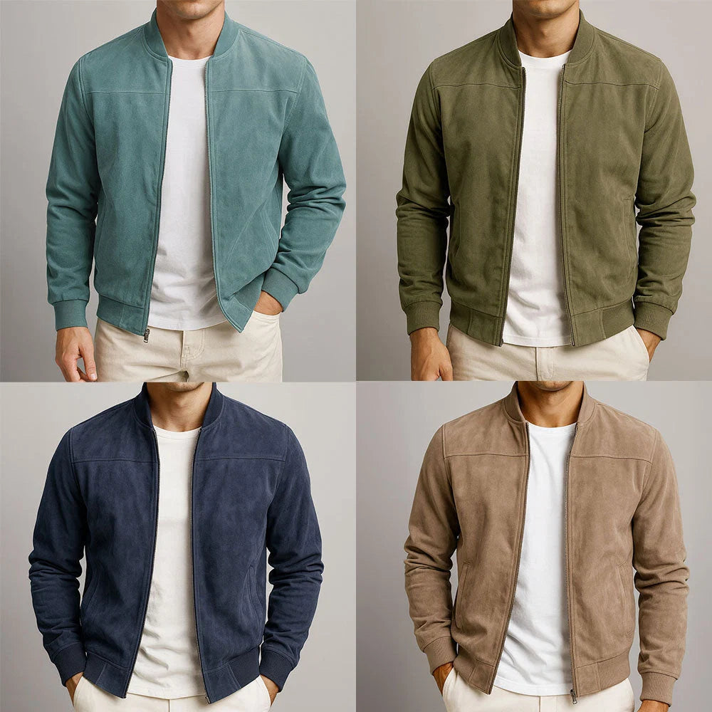 Full-length view of men's suede bomber jacket highlighting relaxed fit and classic design