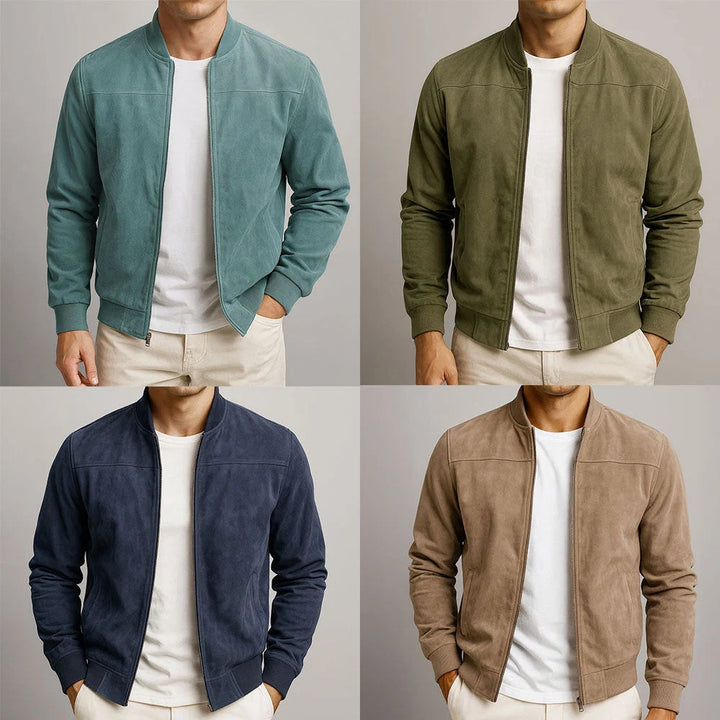 Full-length view of men's suede bomber jacket highlighting relaxed fit and classic design