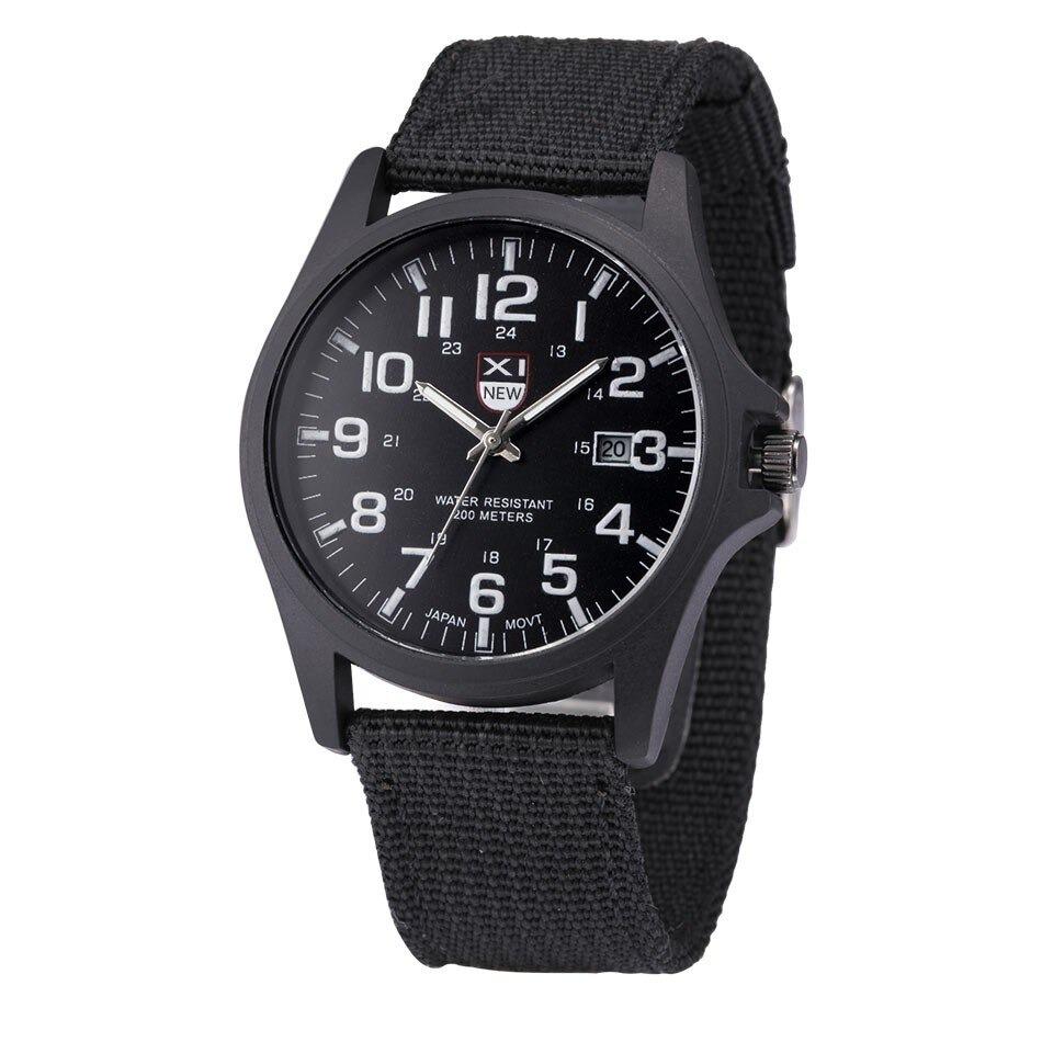 Men's tactical military watch with black nylon strap and clear Arabic numeral dial display