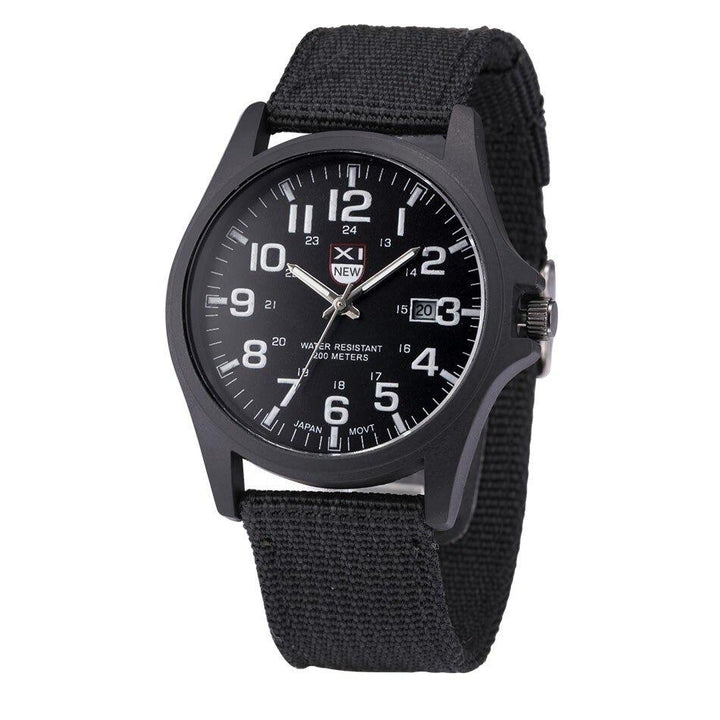 Men's tactical military watch with black nylon strap and clear Arabic numeral dial display
