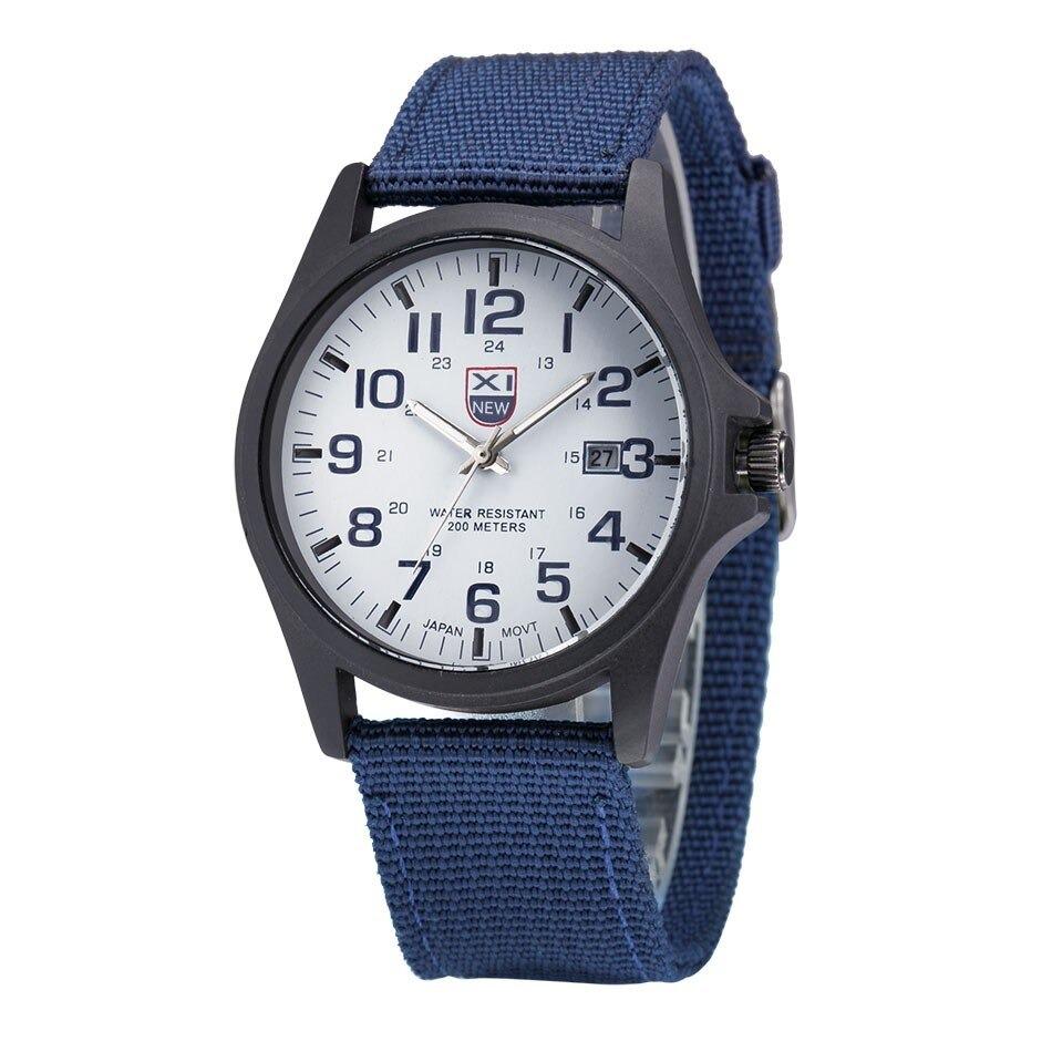 Men's field watch with hook-and-loop nylon strap closure and water-resistant case