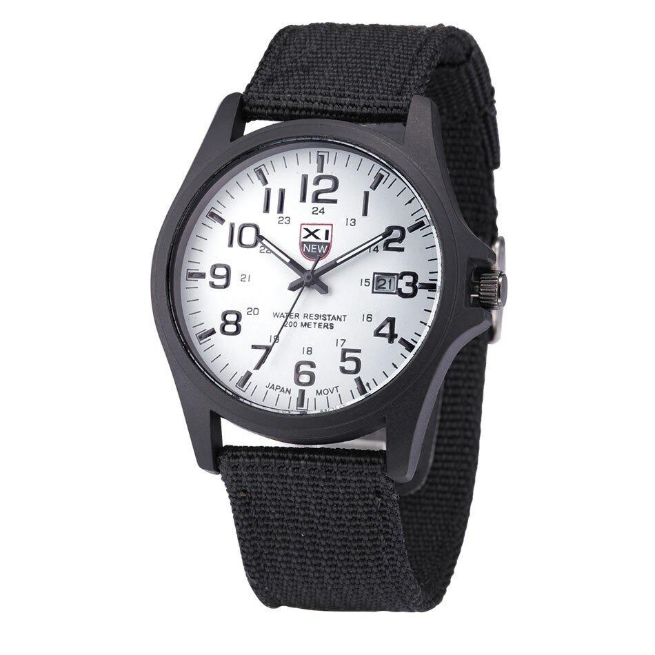 Black canvas strap detail on men's military-style watch with secure fastening system