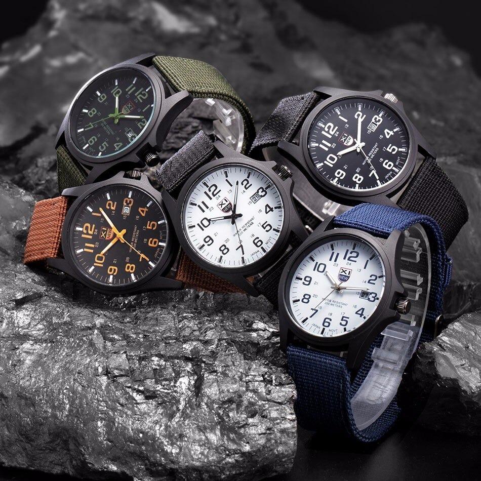 Full view of men's tactical watch displaying robust case construction and nylon band
