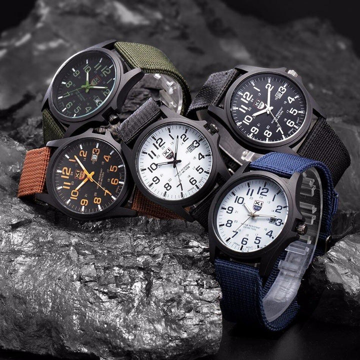 Full view of men's tactical watch displaying robust case construction and nylon band