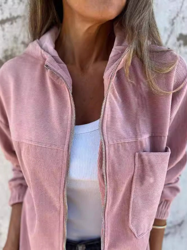 Women's corduroy zip-up jacket styled casually with jeans for everyday layering