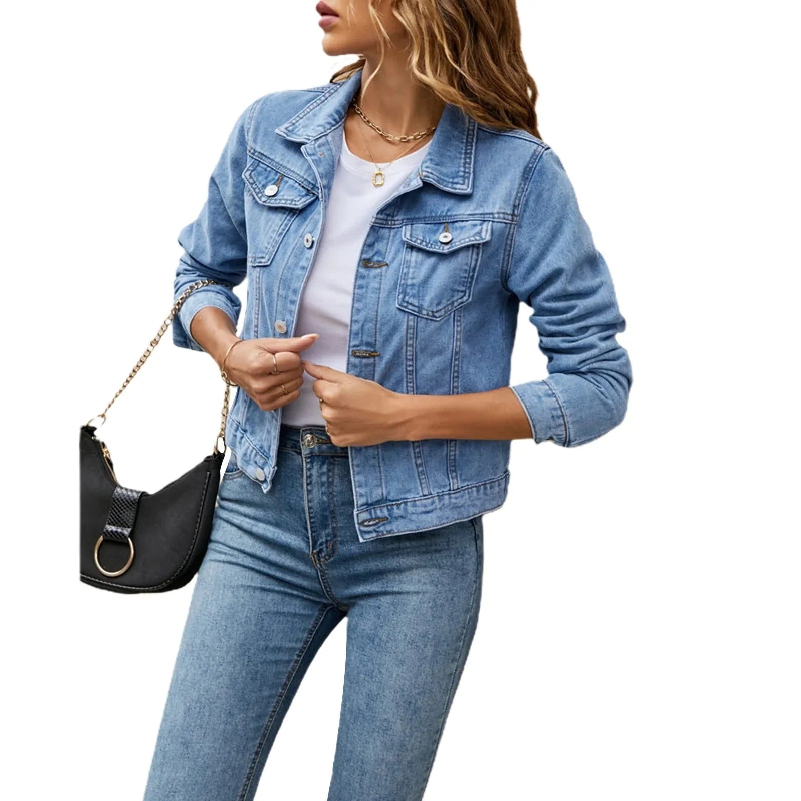 Side view of women's cropped denim jacket showing structured fit and chest pocket detail