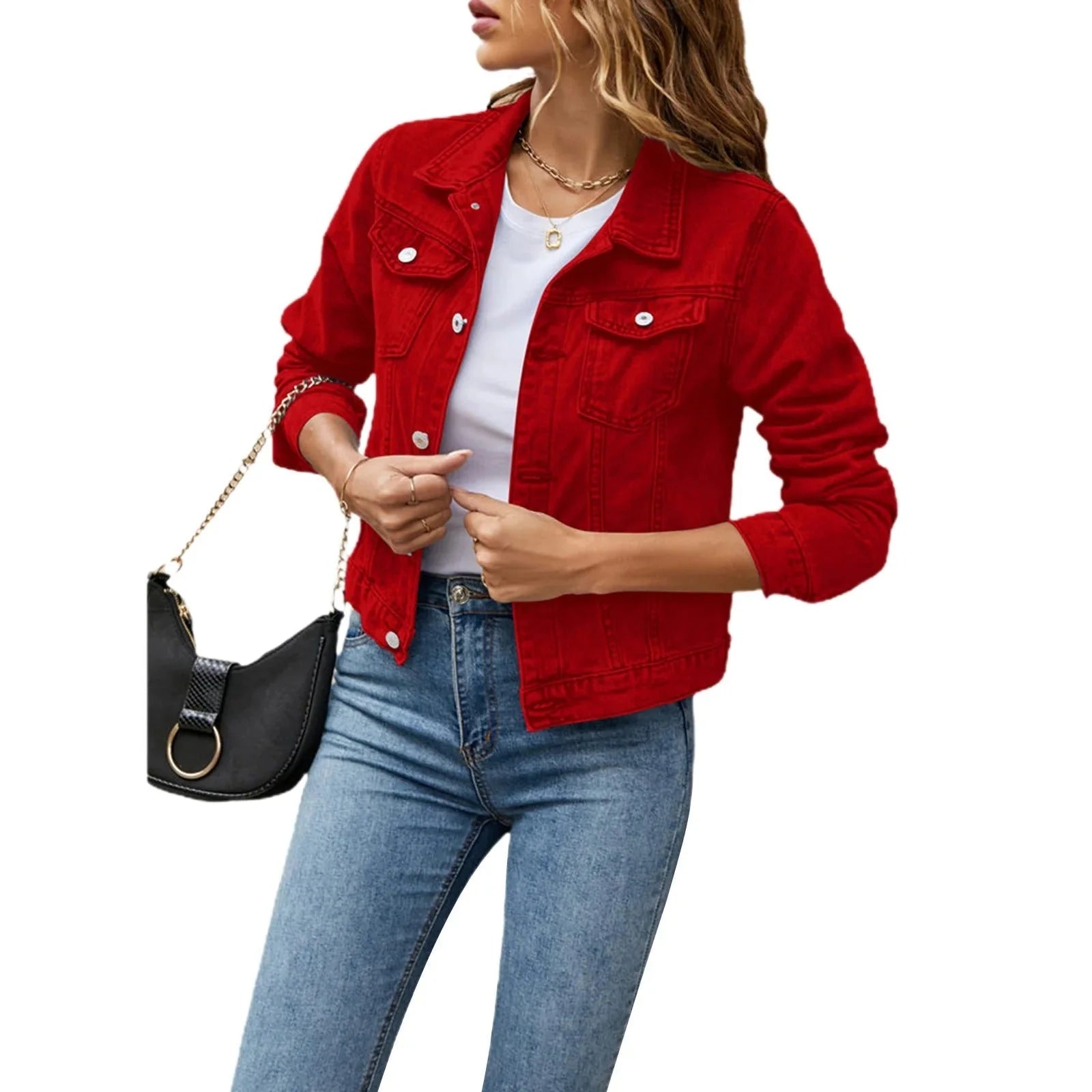 Woman styling cropped denim jacket with white top and high-waist jeans