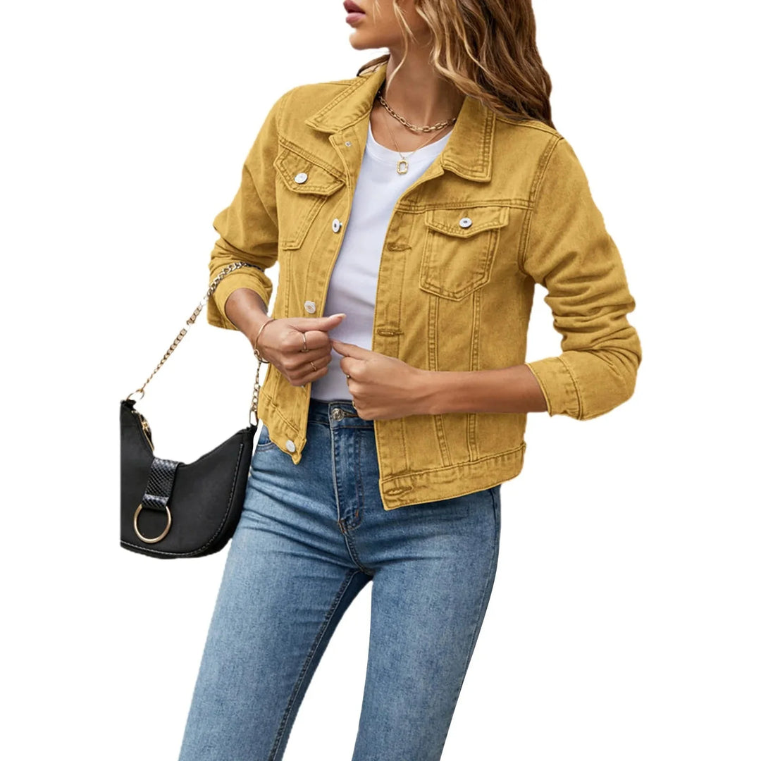 Full-length view of cropped denim jacket paired with casual denim trousers