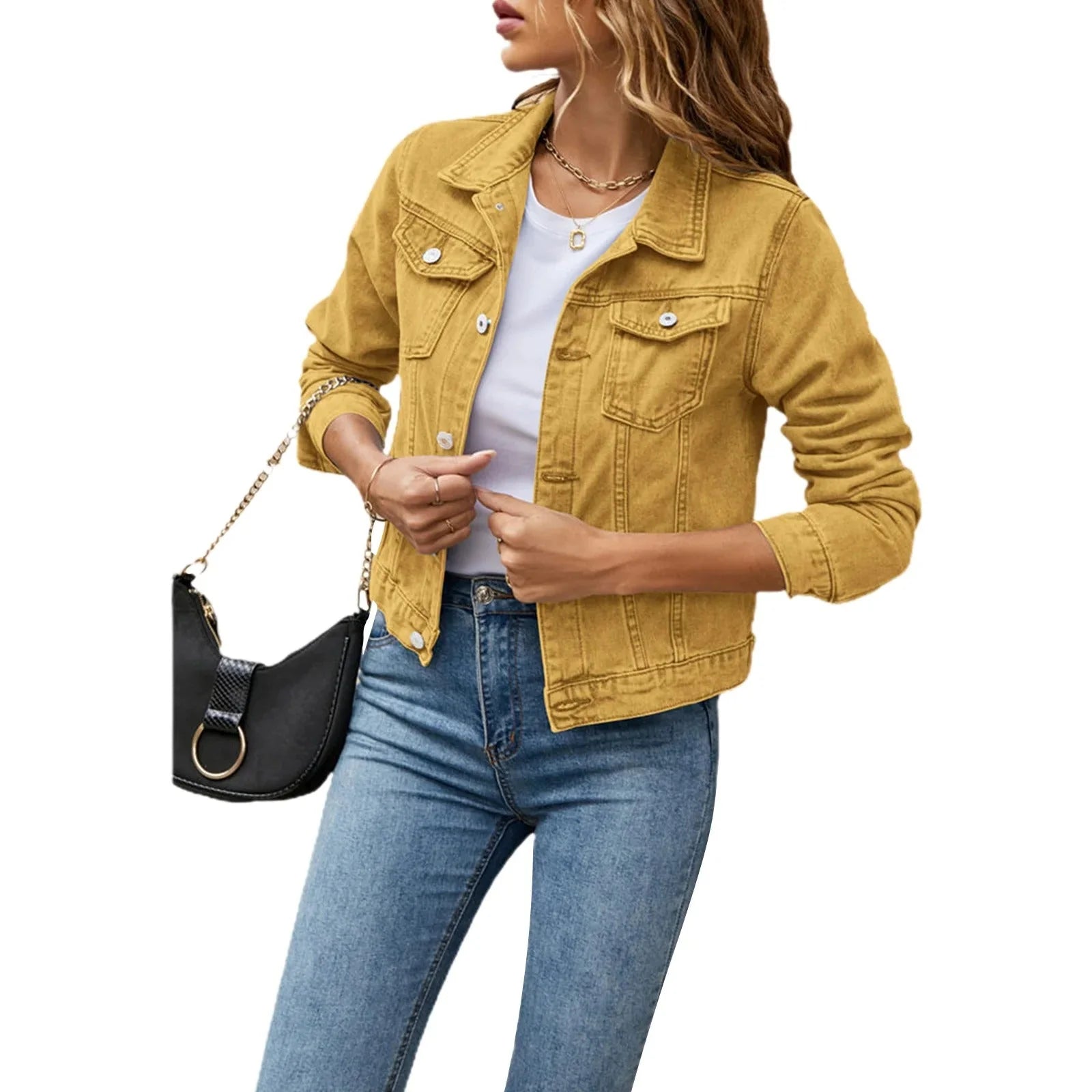 Full-length view of cropped denim jacket paired with casual denim trousers