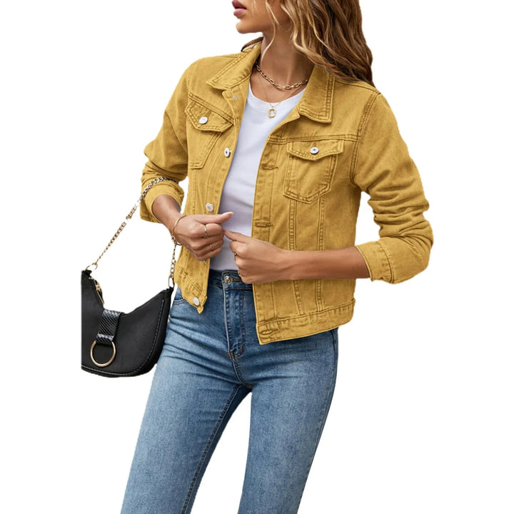 Full-length view of cropped denim jacket paired with casual denim trousers