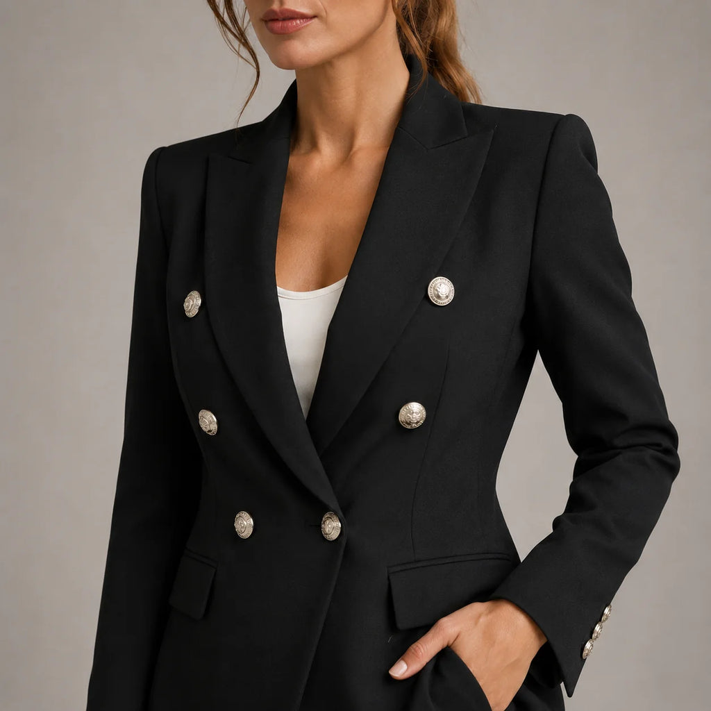 Close-up view of double-breasted blazer with notched lapels and decorative button detailing