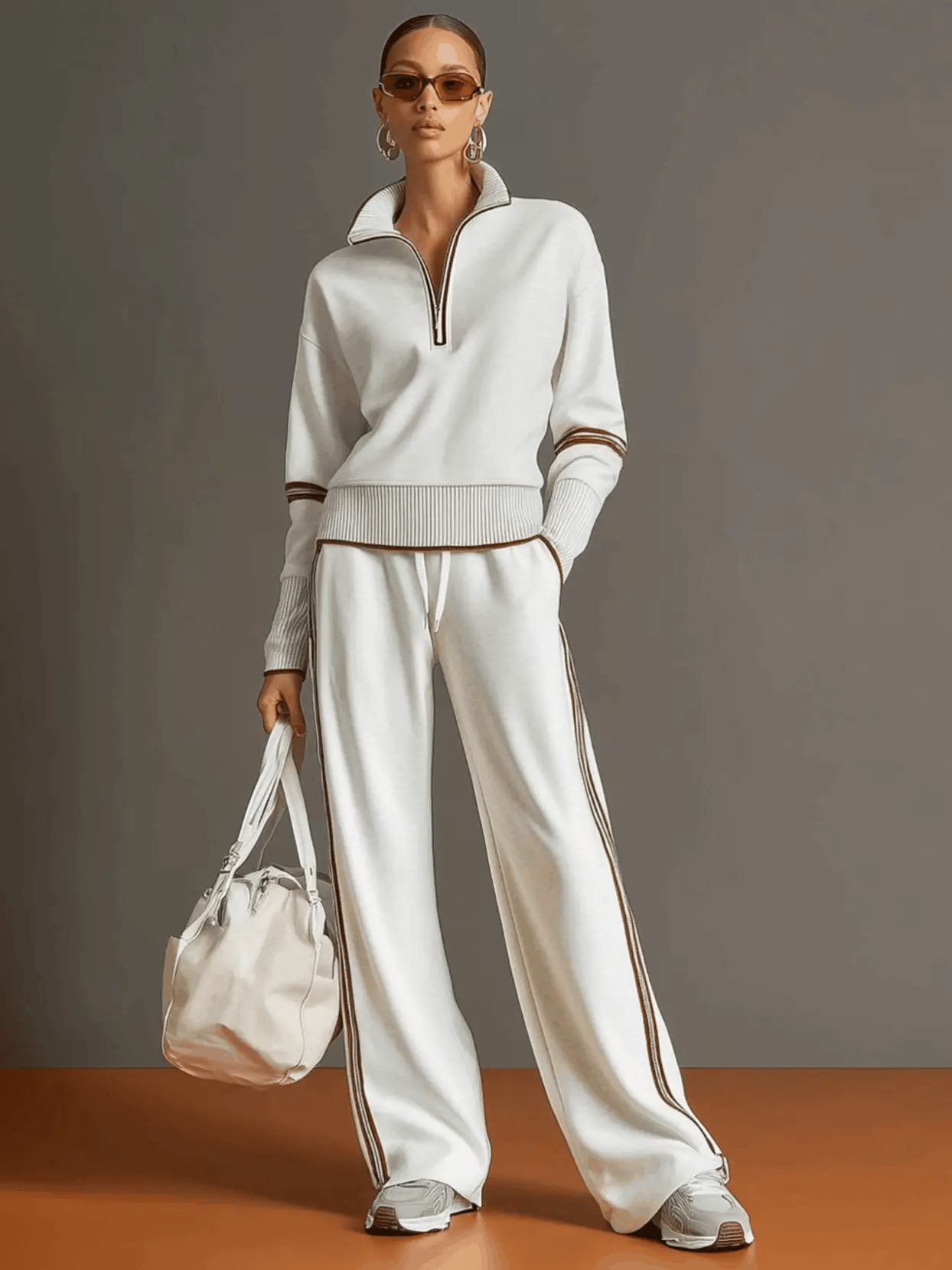 Close-up view of half-zip jumper with stand collar and contrasting brown trim detail