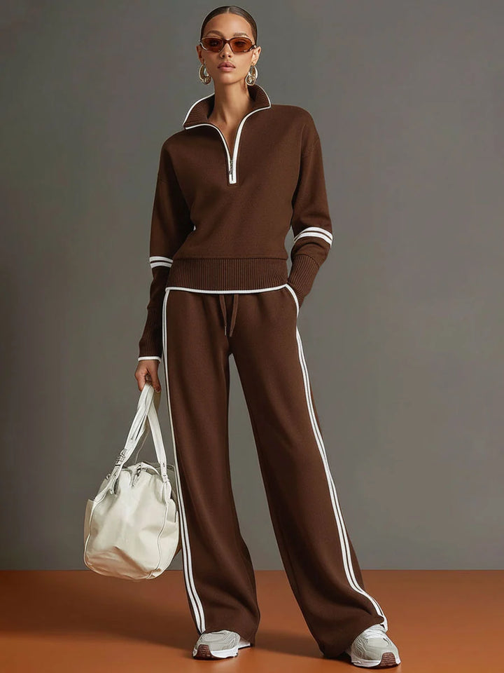 Close-up of elasticated waistband on wide leg tracksuit trousers with drawstring detail