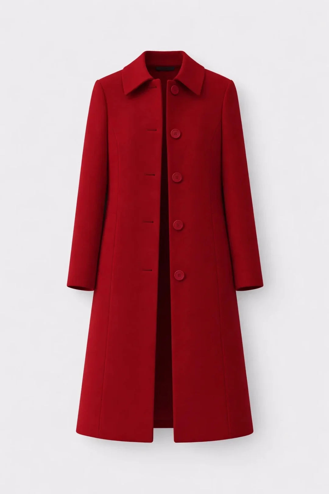 Close-up of women's tailored long coat showing structured fabric and fitted waist silhouette