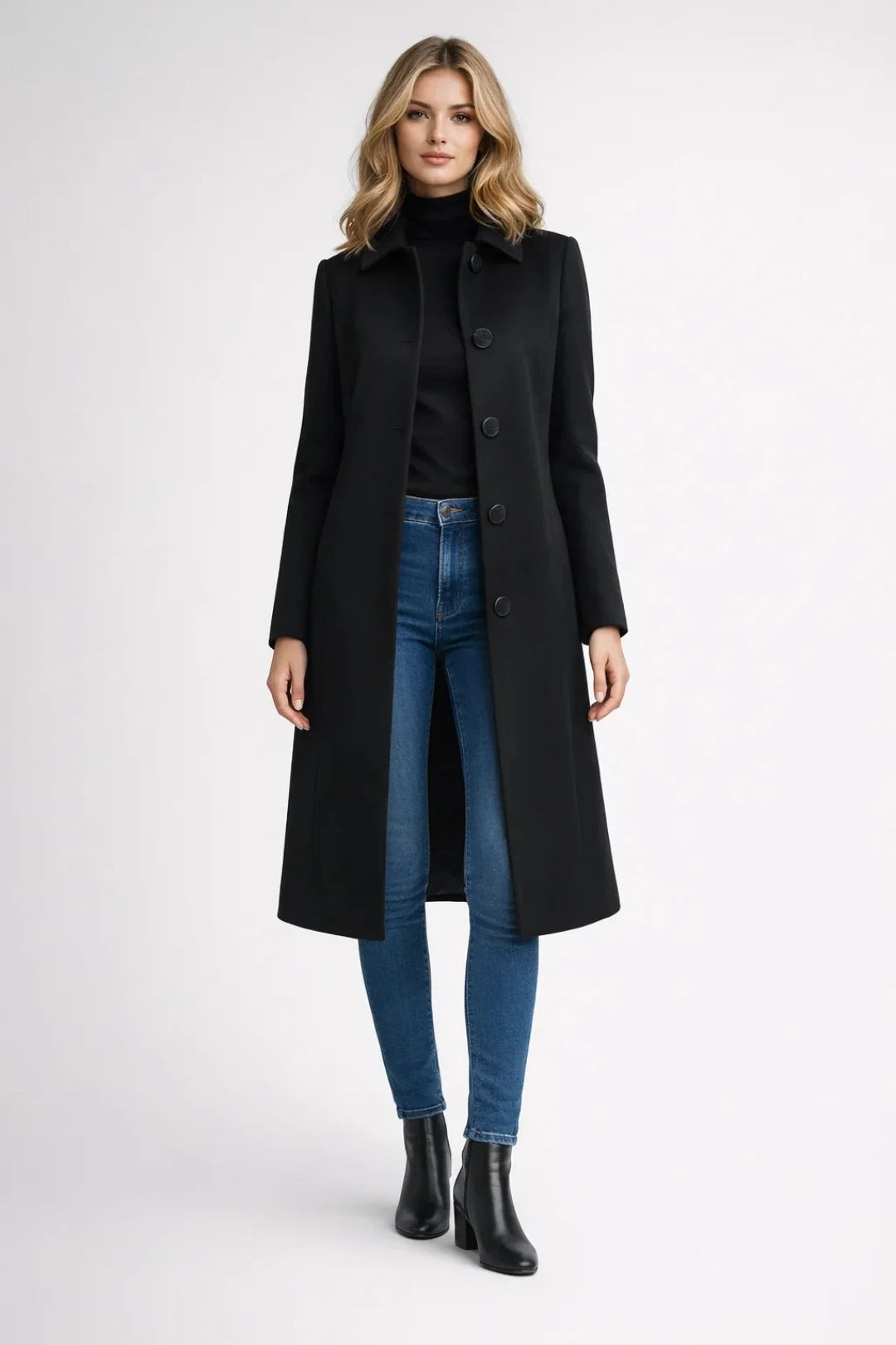 Side view of women's knee-length coat with long sleeves and smooth finish fabric