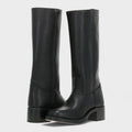 Pair of women's tall boots in dark brown showcasing side zip and classic riding boot design