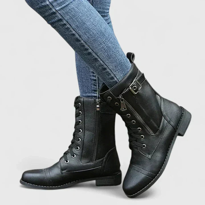 Close-up of women's ankle combat boots showing buckle detail and structured silhouette