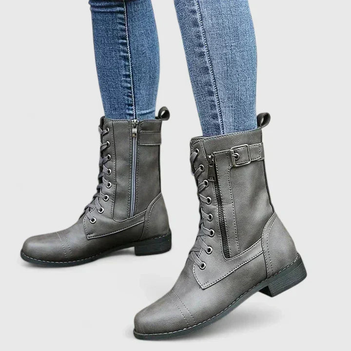 Women's combat boots featuring eight-eyelet lace-up design and smooth finish