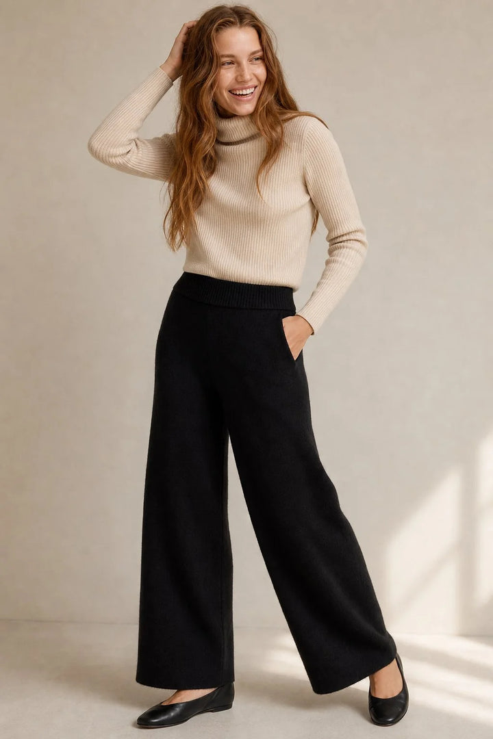 Close-up of mohair lounge set ribbed knit construction and high-waisted trouser waistband